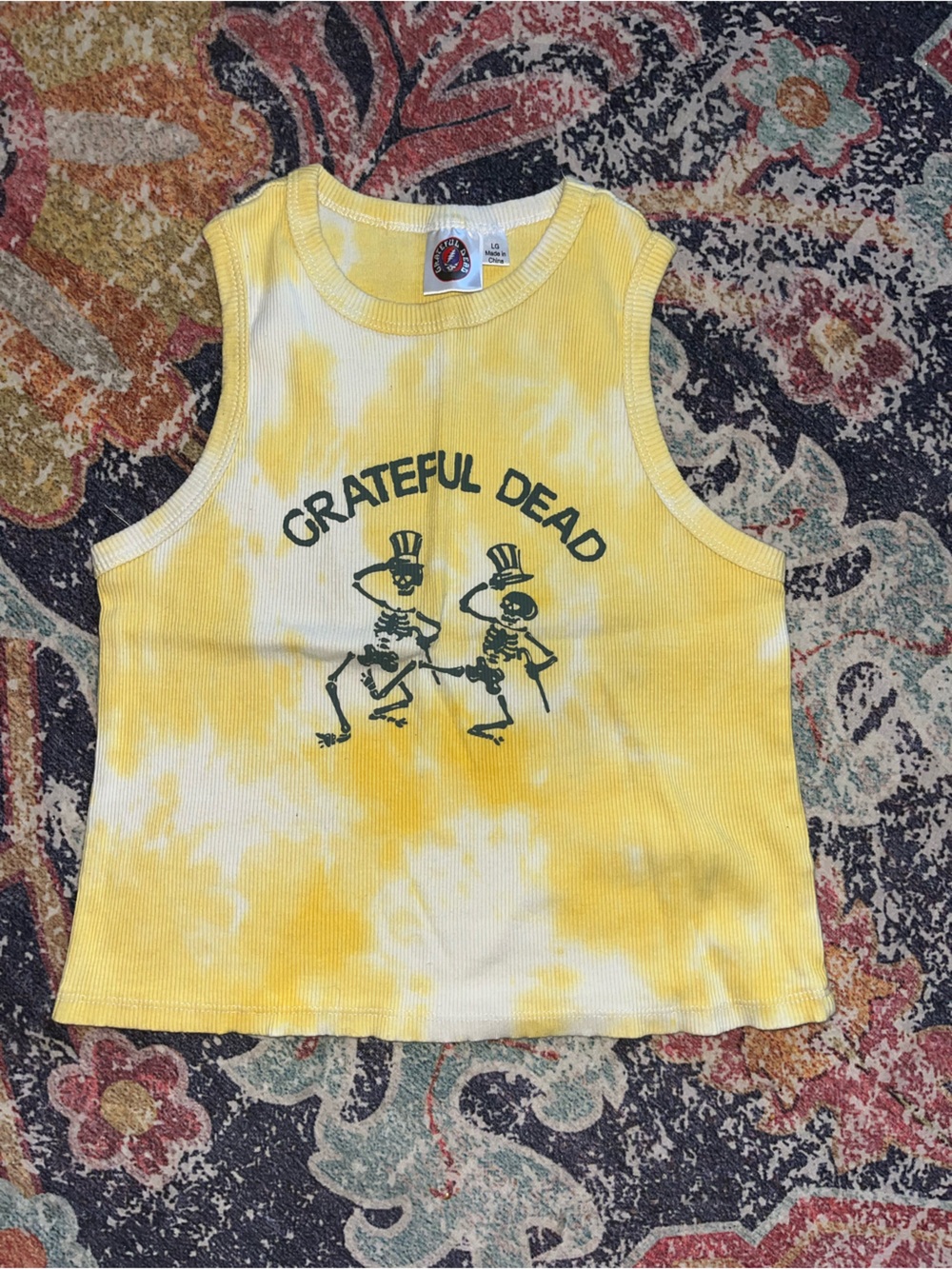 Grateful Dead Yellow Tie-Dye Ribbed Baby One-Piece with Skeleton Graphic